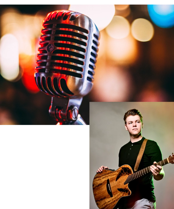 Microphone & man holding guitar.