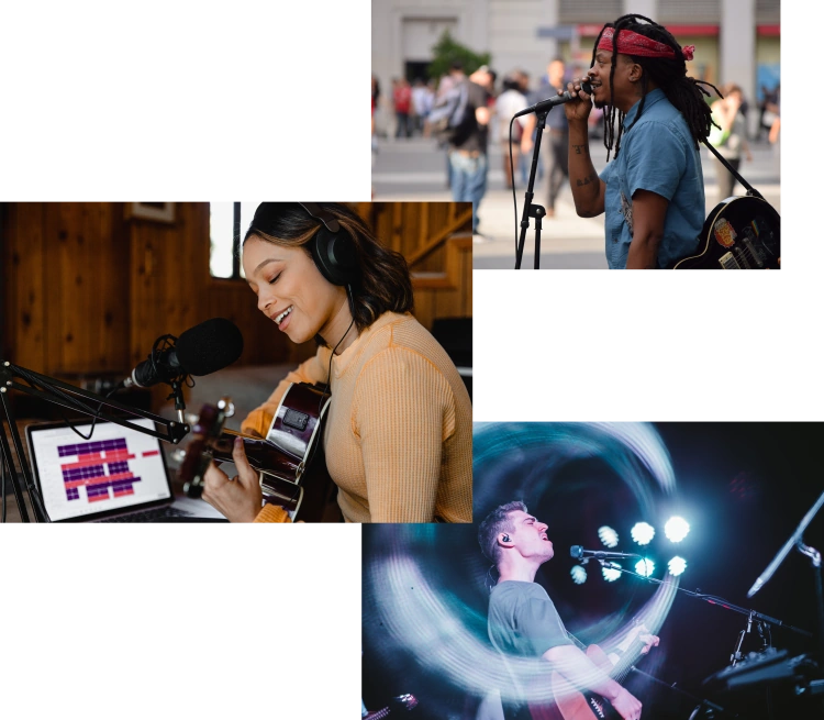 Man performing on street, Woman recording song with guitar and man singing at live event.