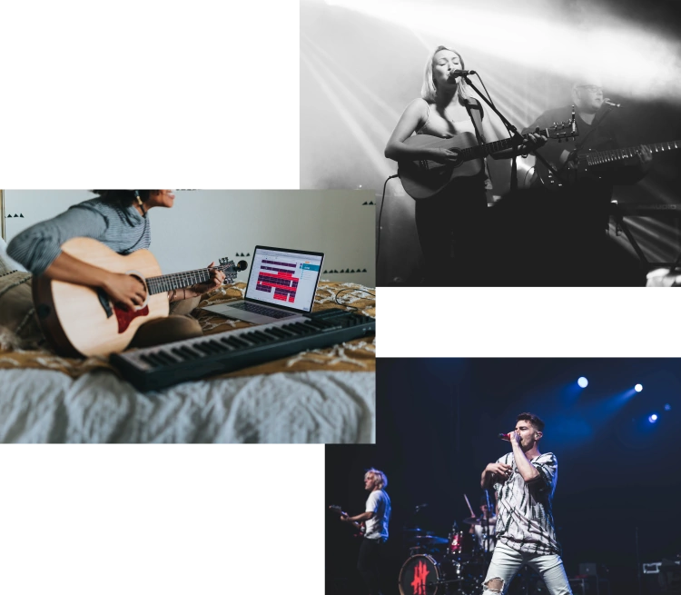 Woman singing and playing guitar at live event, woman recoding guitar and man sining at live even with band.